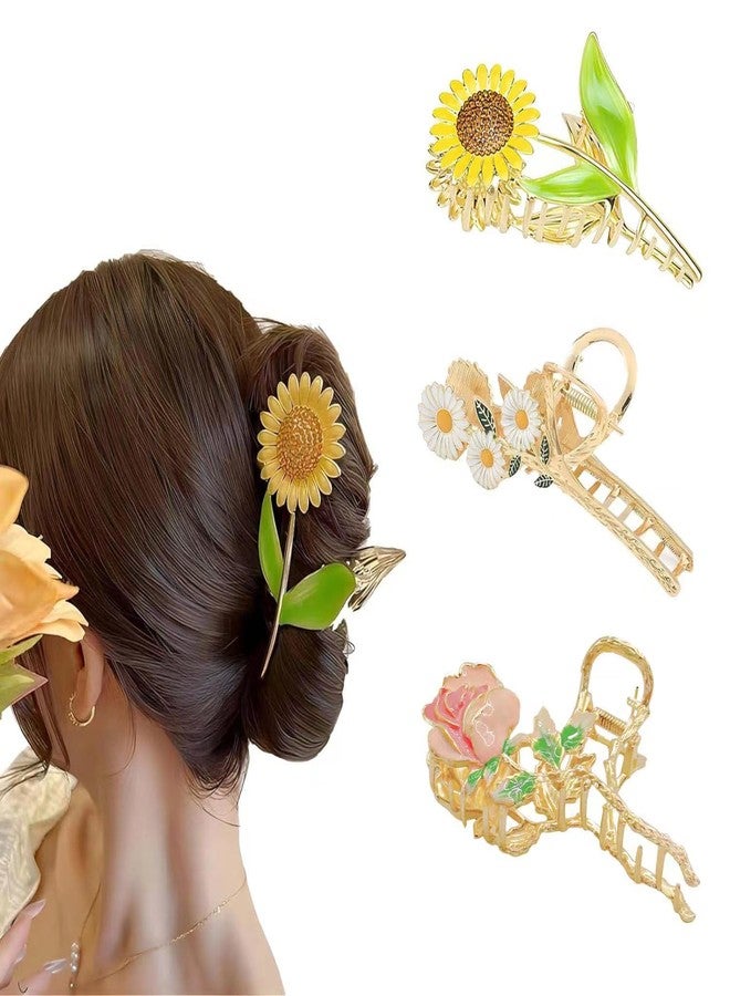 ADULLPONY 3 Pcs Metal Flower Claw Clip Set - Rose, Daisy, and Sunflower Large Hair Clips for Strong Hold on Women's Thick Hair - Image 1